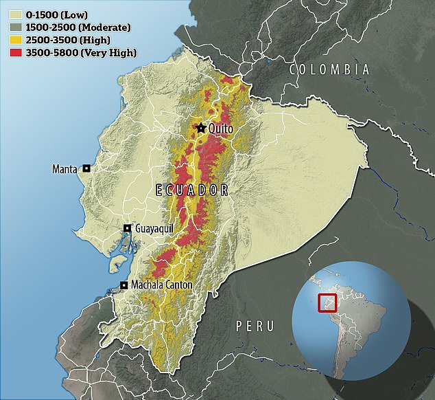 Scientists found Ecuadorians living more than 2,500 metres above sea level (yellow and red ) were less likely to suffer a stroke than those living below this altitude (grey and green )